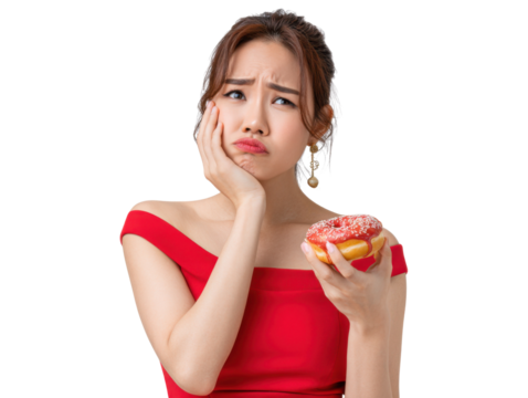 Uncertainty and Temptation: A beautiful individual grapples with the sweet allure of a delectable donut, a dilemma of desire and hesitation.