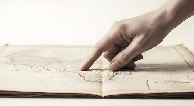 Close-up of a hand pointing at an open vintage map on a wooden surface for travel planning exploration and navigation concept - Powered by Adobe