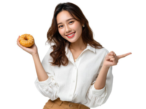 Woman Delight: A radiant young woman, with a captivating smile and inviting gesture, presents a golden donut, portraying pleasure. A true depiction of happiness and delight.
