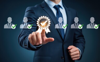 Businessperson interacting with virtual interface displaying glowing golden award ribbon and checkmarks, deep blue-gray background, modern corporate digital technology theme