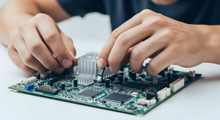 Close-up of hands assembling a computer motherboard with various electronic components and microchips for technology and hardware development