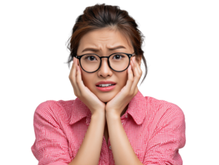 Expressions of Apprehension: Capturing the raw emotion of worry and fear, showcasing the nuances of human reaction, glasses and touch face.