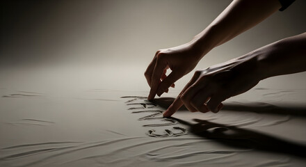 Close-up of hands writing on paper with a pen creating shadows and emphasizing the act of writing or drawing in a dimly lit environment for creative or educational purposes