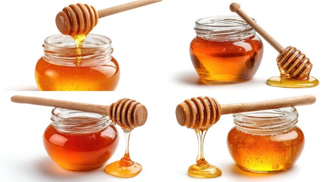 Four glass honey jars with wooden honey dippers, honey dripping - Powered by Adobe