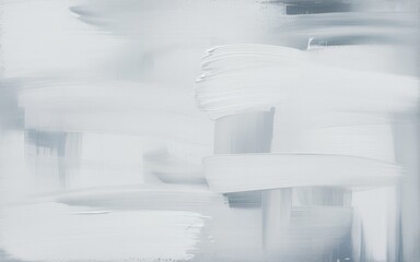 Monochromatic abstract painting in white and light gray with textured brush strokes and soft gradients, creating a seamless matte finish minimalist background
