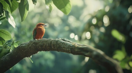 Serene Sunset: A Vibrant Orange Bird Perched on a Lush Green Branch