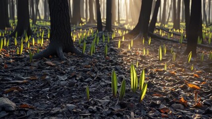 Sunbeams illuminate woodland where new plants push through leaf litter signaling rebirth environmental recovery possibilities fresh growth sustainable progress