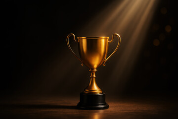 Golden trophy illuminated by dramatic light beams award