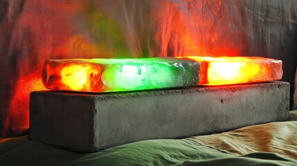 Illuminated Salt Lamps on Concrete Base