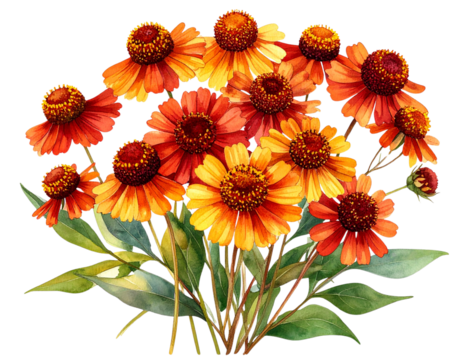 Bunch of Wild Helenium Flowers in Loose Arrangement, Hand-Drawn Style PNG - Powered by Adobe