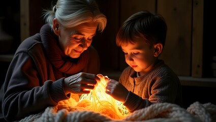 Obraz premium Grandmother and grandson bond over luminous string lights, creating a warm, loving moment filled with light and a cozy ambiance.