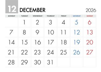 2026年12月のカレンダー月曜始まり