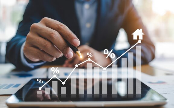 Hand interacting with digital tablet displaying ascending white line graphs with house and percentage icons, warm golden highlights and blurred background emphasizing real estate growth