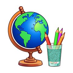 Cartoon globe, next to a glass with pencils, isolated on a white background, illustration on the theme of Back to school