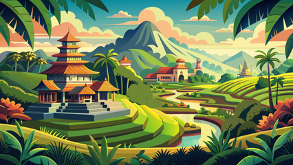 Ubud, Bali, Indonesia – Lush rice fields and artisan shops surround this spiritual village. Nature and creativity harmonize in a dreamlike vector-ready environment.