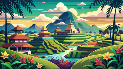 Ubud, Bali, Indonesia – Lush rice fields and artisan shops surround this spiritual village. Nature and creativity harmonize in a dreamlike vector-ready environment.