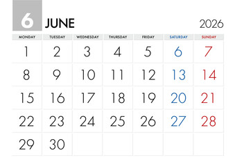 2026年6月のカレンダー月曜始まり
