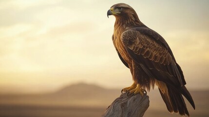 Majestic Golden Eagle Perched on Weathered Branch, Sunset Landscape.