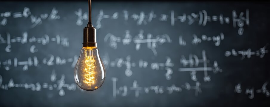 A glowing vintage light bulb hangs in front of a blackboard filled with complex mathematical equations written in white chalk.