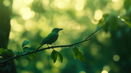 Emerald Bird Perched on Branch, Sun-Dappled Forest Backdrop, Serene Nature Scene