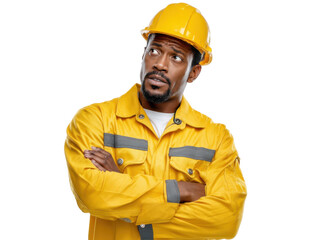 Focused Builder: A construction worker stands in the studio, deep in thought. Captured with a realistic style, this shot embodies determination and concentration.
