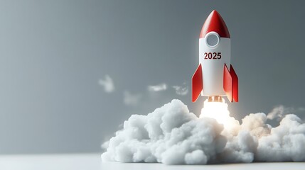 Rocket launch with 2025 text representing future goals startup growth and new year success
