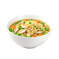 Heartwarming chicken noodle soup with vibrant vegetables in a white bowl, isolated on transparent background
