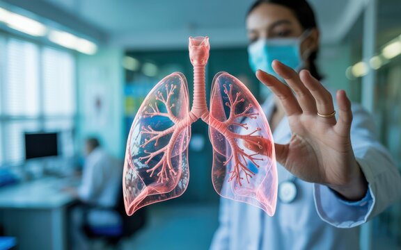 Hand with gold ring manipulating translucent pink wireframe lungs holographic display in clinical hospital environment with soft blue lighting