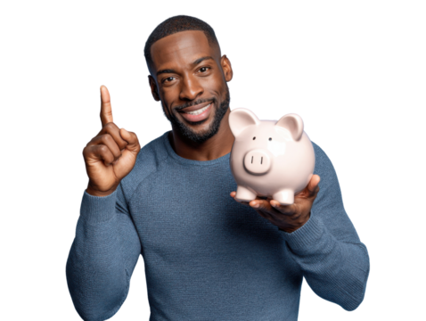 Financial Wisdom: A man in a blue sweater holds a piggy bank, his index finger raised as if to point out sound financial advice, exuding confidence and sharing the vision of future wealth.