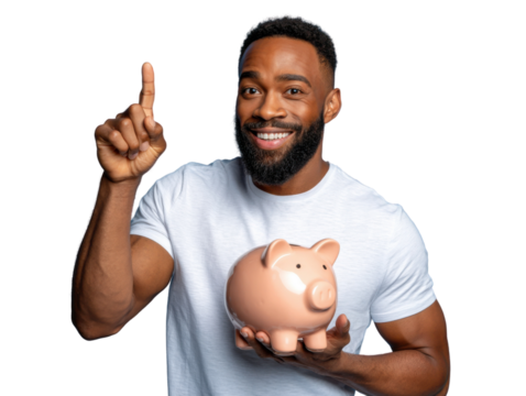Wealthy Idea: An individual of color points skyward with an idea. A piggy bank in the other hand, representing financial planning and wealth. A joyful and colorful picture.
