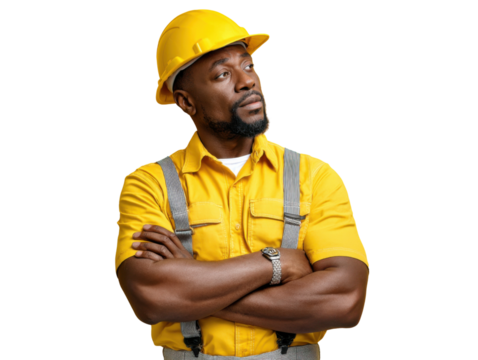 Construction worker looking Upward : A construction worker, adorned in a yellow uniform and helmet, stands with arms crossed, gazing upward with a thoughtful expression
