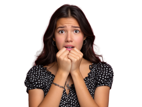 Apprehensive Gaze: A portrait captures a young woman's facial expression, marked by worry and concern as she bites her nails, revealing anxiety.