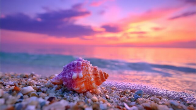 A vibrant seashell rests on a pebbly beach at sunset, with soft waves and a stunning purple and orange sky in the background.