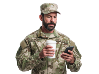 Soldier and Coffee Break: A focused military figure in uniform, enjoying a moment of pause, thoughtfully interacts with a smartphone while holding a warm beverage.
