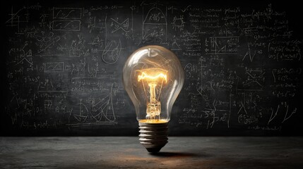 A glowing light bulb is placed on a surface with a background of complex mathematical and scientific formulas on a blackboard.