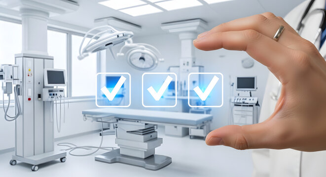 A doctor's hand frames a modern operating room with digital checkmarks, suggesting approval or successful completion of a procedure.
