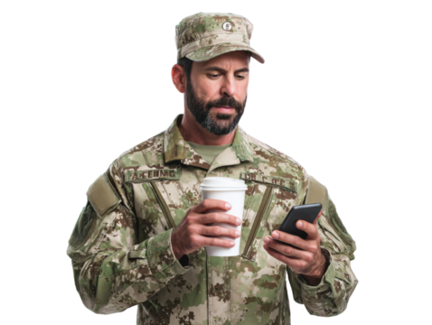 Soldier and Coffee Break: A focused military figure in uniform, enjoying a moment of pause, thoughtfully interacts with a smartphone while holding a warm beverage. - Powered by Adobe