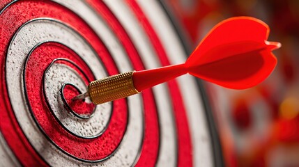 A red dart perfectly hitting the bullseye on a red and white dartboard, symbolizing precision and accuracy.