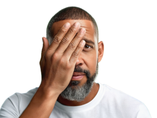 Concealing Gaze: A person shields their eye with their hand, creating a moment of contemplation and introspection, the image captures a moment of silent thought