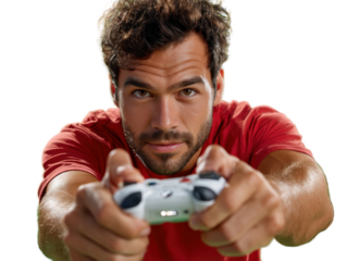 Gamer's Focus: A close-up shot captures a man intensely focused as he holds a video game controller. The man, with a serious gaze, is engrossed in his gaming experience.