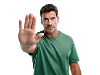 Man's Firm Stop Gesture: A powerful image of a man, making a firm stop gesture. With a determined expression, he emphasizes the message of halt.