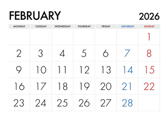 2026年2月のカレンダー月曜始まり 日本の祝日表記無し