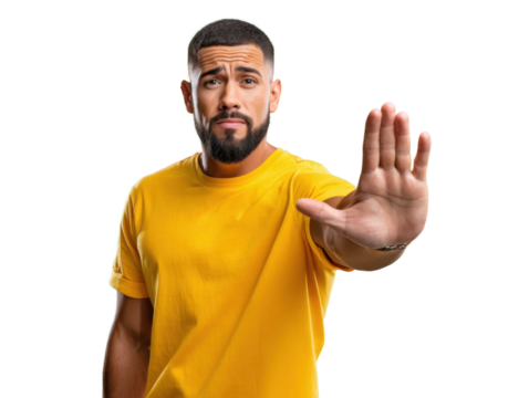 Stop Sign Expression: A person gestures with a firm, open hand in a universal signal of 'stop', conveying caution and restriction