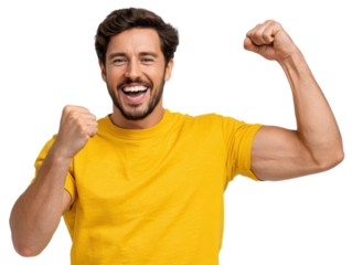 Triumphant Male in Yellow: A charismatic man in a yellow top exudes exuberant joy, his raised fist a symbol of triumph and success, showcasing pure bliss.