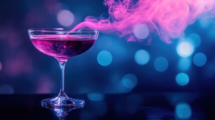 Elegant Coupe Glass with Pink Cocktail and Ethereal Smoke on Dark Background