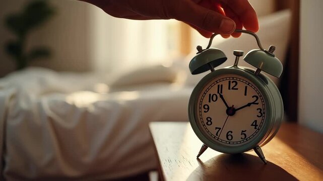 Vintage alarm clock rings loudly on a wooden bedside table next to a cozy bed