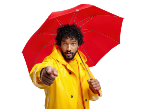 Pointing with Red Umbrella: A person, sheltered under a vibrant red umbrella and clad in a sunny yellow raincoat, points directly towards the viewer with an inquisitive expression