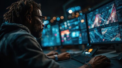 Cybersecurity analyst monitors breach attempts and threat indicators on layered firewall simulation in high-security command center with dark interface and glowing alerts.