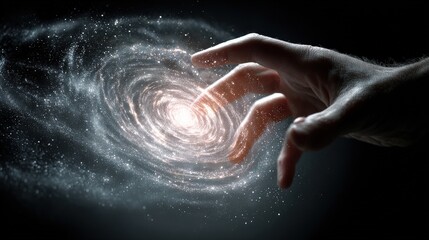 Fototapeta premium A human hand reaching out to touch a glowing spiral galaxy, symbolizing the connection between humanity and the cosmos.