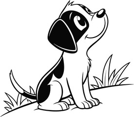 A cute cartoon dog, sitting in a grassy field, with large expressive eyes and a friendly, open-mouthed expression, digital art, black and white
